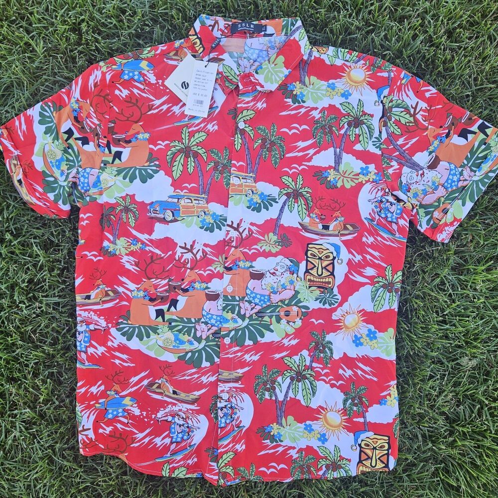 SSLR Button Up Shirt Men’s Large XL Hawaiian Santa Surfing Reindeer Short Sleeve